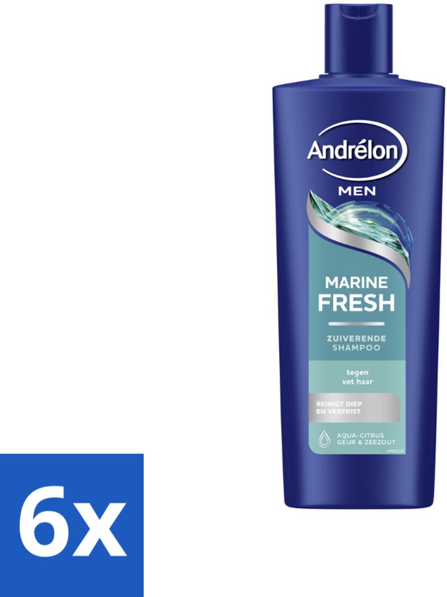 6 x Andrélon – Shampoo – Marine Fresh Men – 400 ml - Mannelijk Haar Reinigen - Vet Haar Verwijderen - Stylingresten Verwijderen - Krachtige Shampoo - Zeezout Shampoo