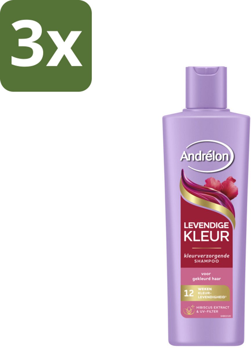 3 x Andrélon – Shampoo – Levendige Kleur – 250 ml - Kleurbehoud Haar - Levendige Kleur Shampoo - Hibiscus Extract Shampoo - UV-filter Shampoo - Gekleurd Haar Verzorging