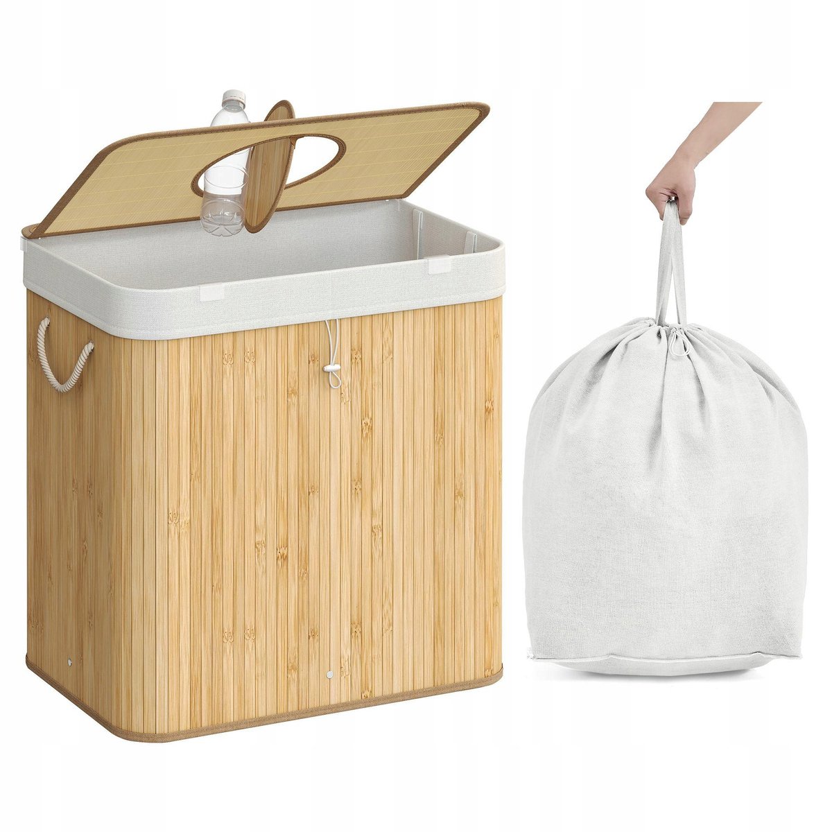 Songmics - Bamboe Afvalscheidingsbak 120L - flessenprullenbak - statiegeldflessen verzamelaar - met Flesopening - Beige