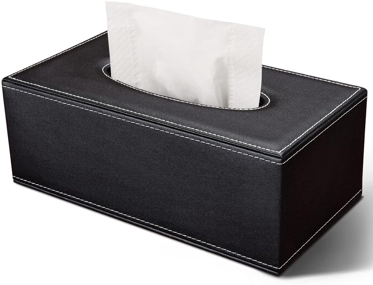 Tissuebox – Stijlvolle tissuebox van PU-leer – Rechthoekige tissuebox van PU-leer – Servethouder – Medium – Tissuehouder – Geschikt voor badkamer, woonkamer, slaapkamer, kantoor, auto – Zwart