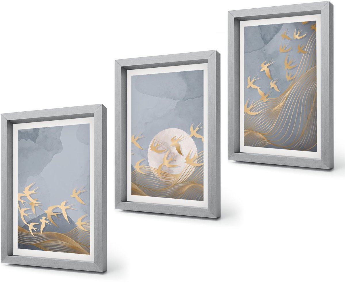 Coloray 4-Delige Schilderij Set - Vogels in vlucht tegen de hemel en de maan. - 20 x 30 cm - Muurdecoratie - Schilderijen Set - Woonkamer - Moderne Wanddecoratie Zilveren lijst