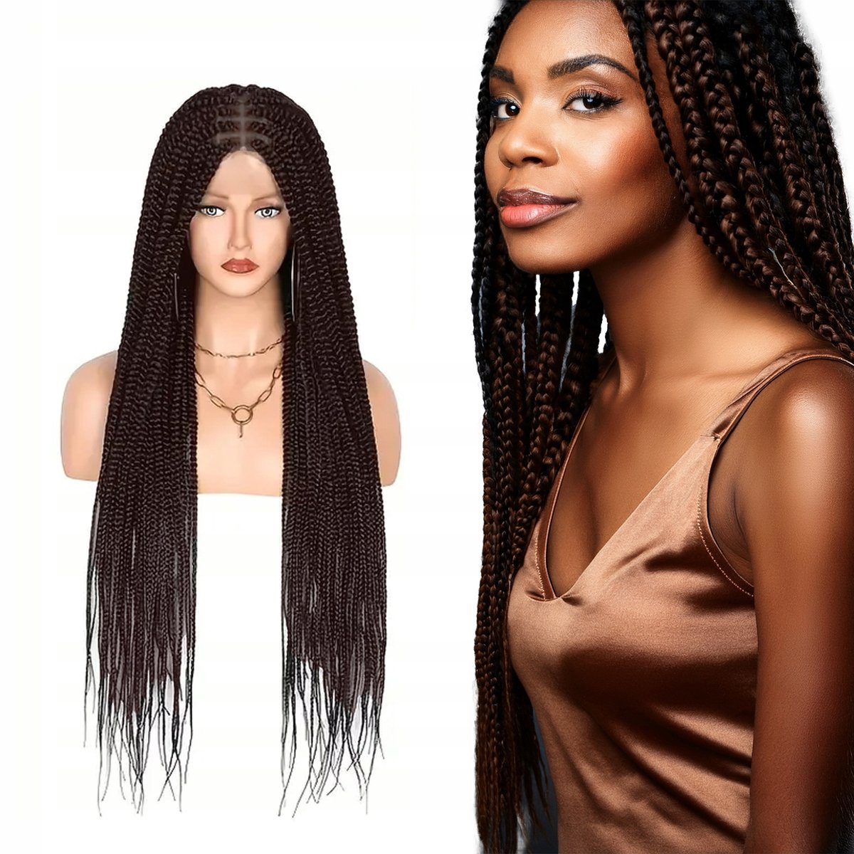Lace Front Pruik met Vlechtjes - Donkerbruin #4, 80cm, Babyhaar