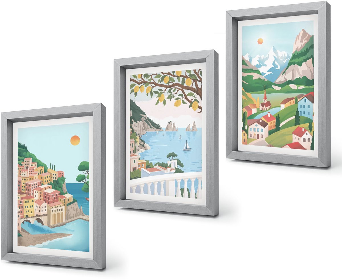 Coloray 4-Delige Schilderij Set - Uitzicht op zee met pastelkleurige huizen - 20 x 30 cm - Wanddecoratie - Moderne Interieurdecoratie - Interieur Decoratie Zilveren lijst
