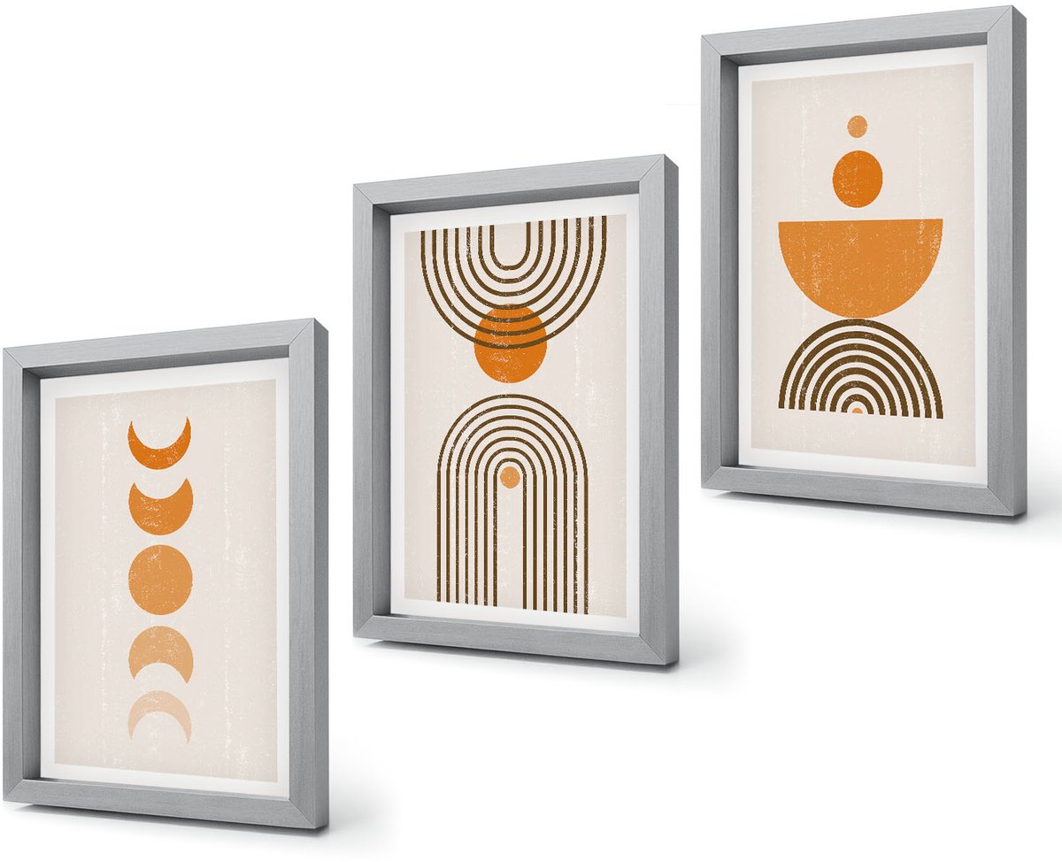 Coloray 4-Delige Schilderij Set - Boho minimalistisch decoratief ontwerp - 20 x 30 cm - Muurdecoratie - Schilderijen Set - Woonkamer - Wanddecoratie Zilveren lijst