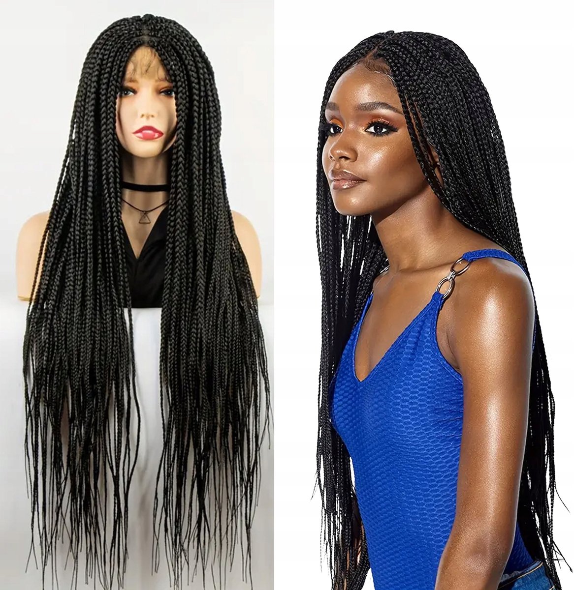 Lace Front Pruik Zwarte Vlechten 80cm met Baby Hair & Verstelbaar