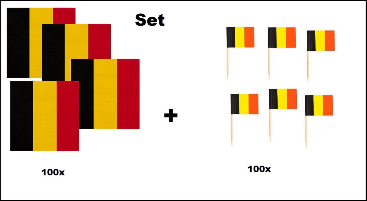 100x Servetten Belgie 33cm x 33cm 3 laags + 100x Cocktailprikkers Belgie - Belgie set -Belgium thema feest WK voetbal