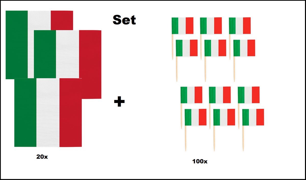20 stuks Servetten Italie 33cm x 33cm 3 laags + 100x Cocktailprikkers Italie - Italie set - Italy thema feest voetbal