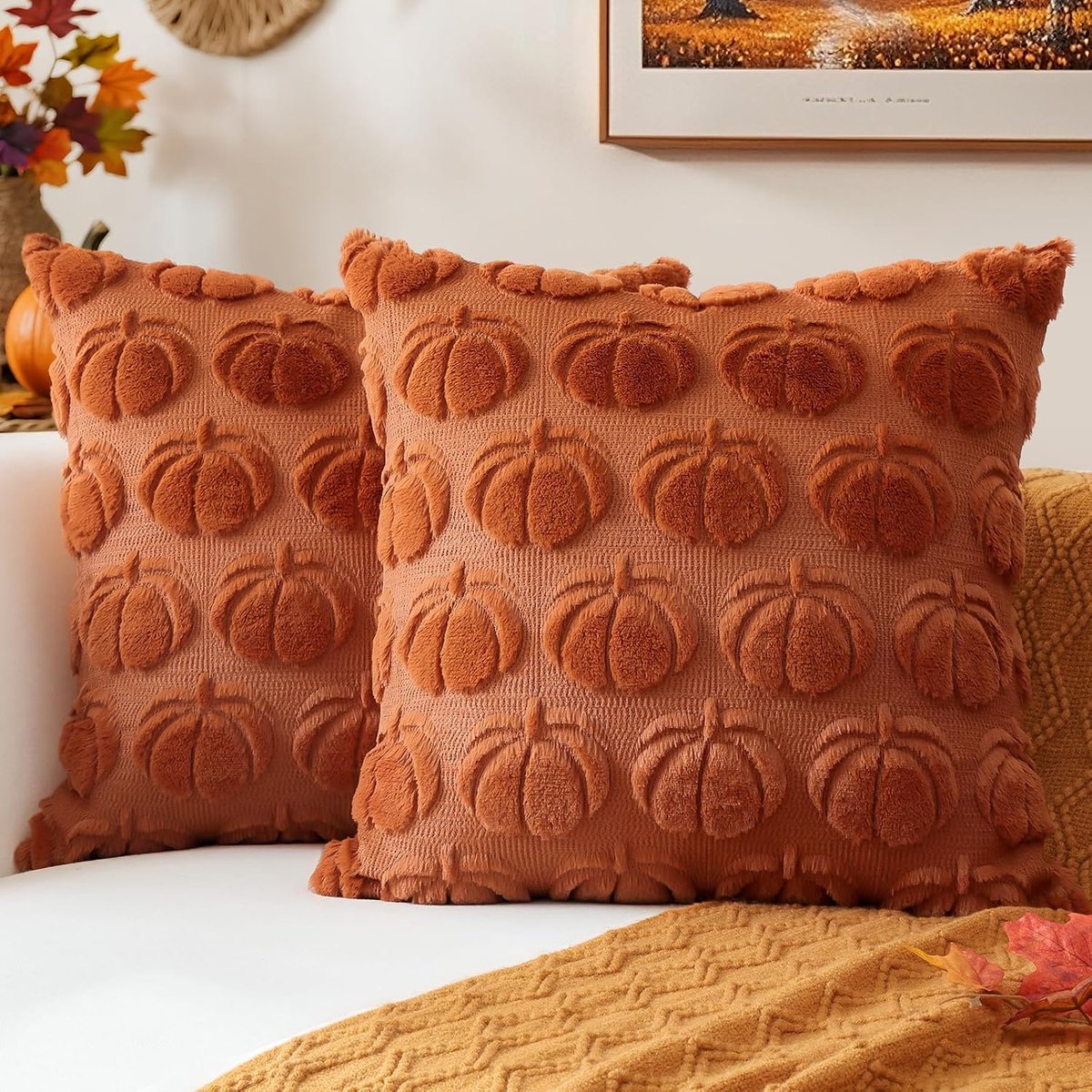 Kussenhoezen Set van 2 - Pompoen Design 45x45 cm - Pluche Herfst Kussenslopen voor Bank en Tuin - Boho Woonkamer Decoratie - Moderne Siertassen voor Binnen en Buiten