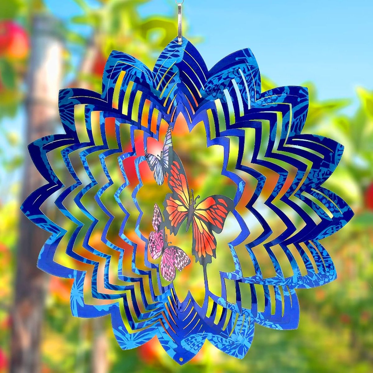Blauwe vlinder windspinner, 30×30 cm metaal, tuin hangdecoratie met draaihaak