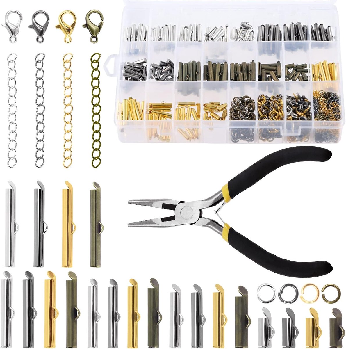641Pcs 5 Sizes Slider On End Clasps with Pliers & Lobster Claw Clasps & Twist Extender Necklaces with Open Jump Rings - ShopVlot