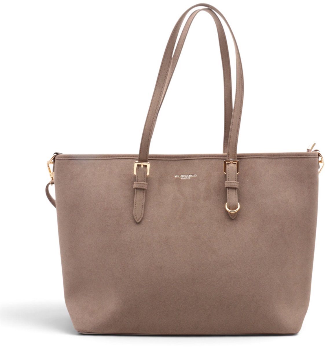 Flora&Co - STELLA - suède look - grote handtas/tote bag met lange instelbare draagriem - taupe - geschikt voor A4 - ideaal voor school- of werktas