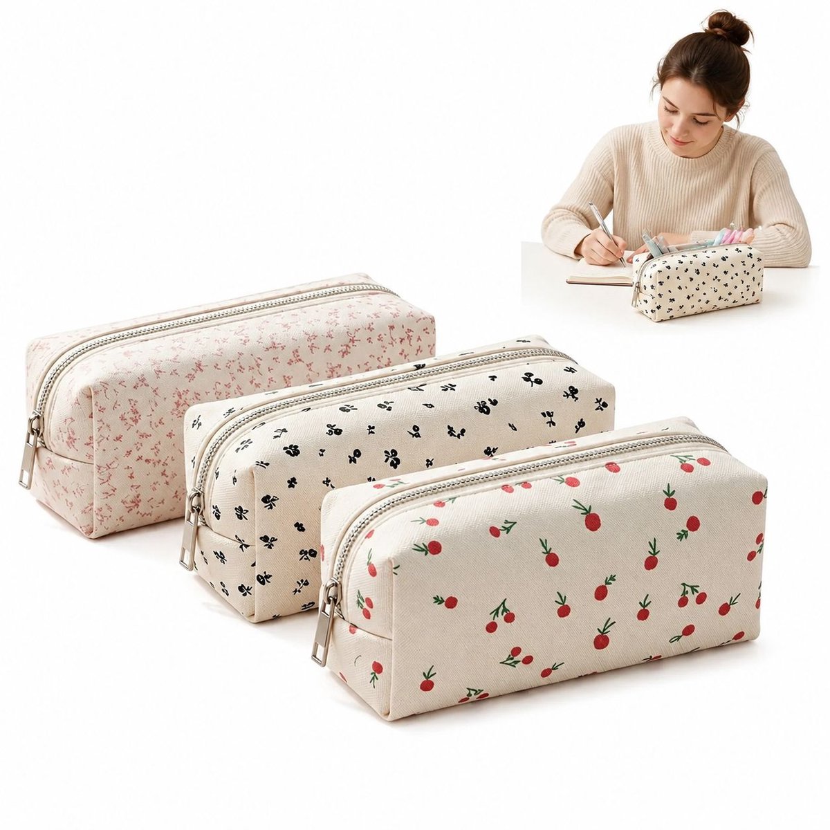 VHV - Etui - Grote pennenzak - Bloemenprint - Esthetische - 20x7x8 cm - Set van 3 - Voor Meisjes - Schoolspullen - Blauw,rood,roze
