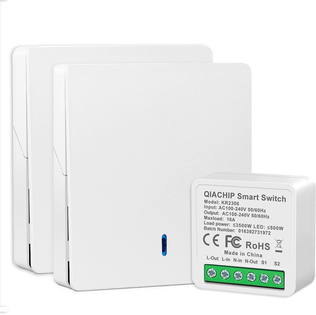 QIACHIP 2.4GHz Wireless Light Switch and Receiver Set. 16A Mini Controller Relay Module with 2 Wall Switches, Supports - ShopVlot