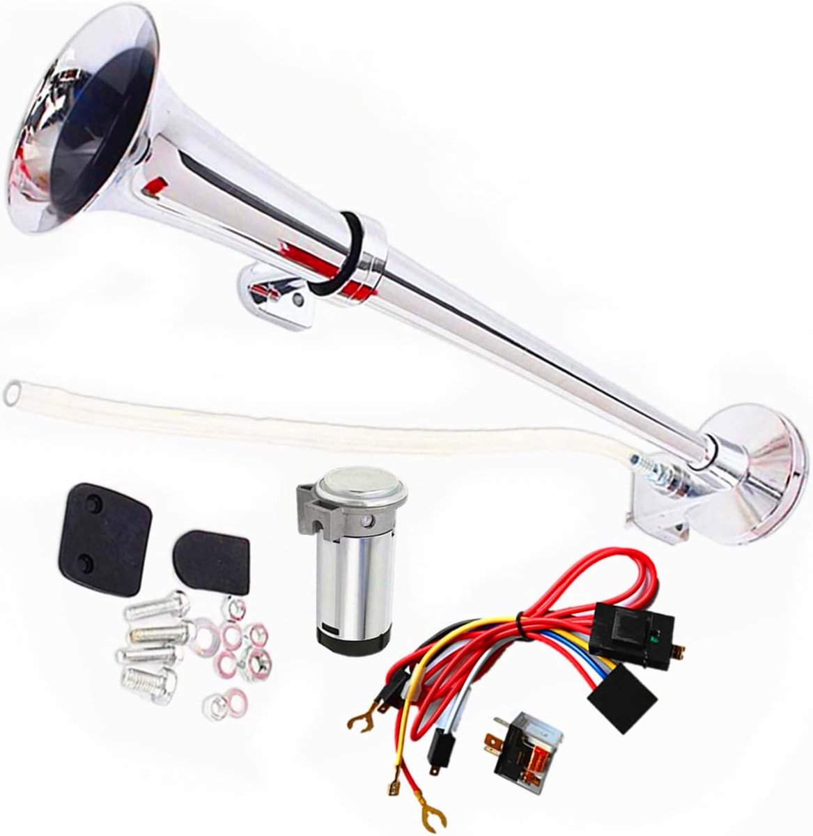 Air Horn for Car and Truck - 150 dB, 24V Horn Trumpet, 18 inch, Chrome-Zinc, Single Horn, Silver, for Boat and Air Pump - ShopVlot