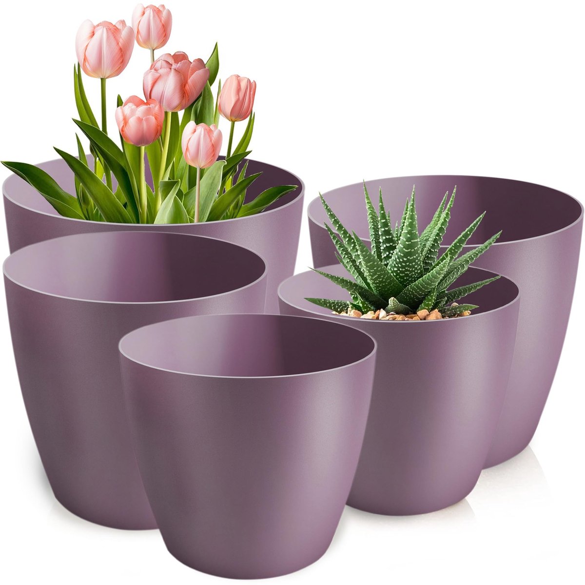 Famanu – Set van 5 bloempotten in verschillende maten (12/14/16/18/20 cm), kunststof plantenpotten voor grote en kleine planten, paars