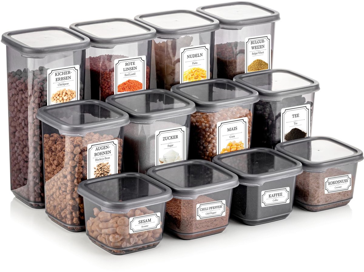 Famanu – Set van 12 luchtdichte containers met deksel voor droge levensmiddelen, BPA-vrij, ideaal voor de keuken