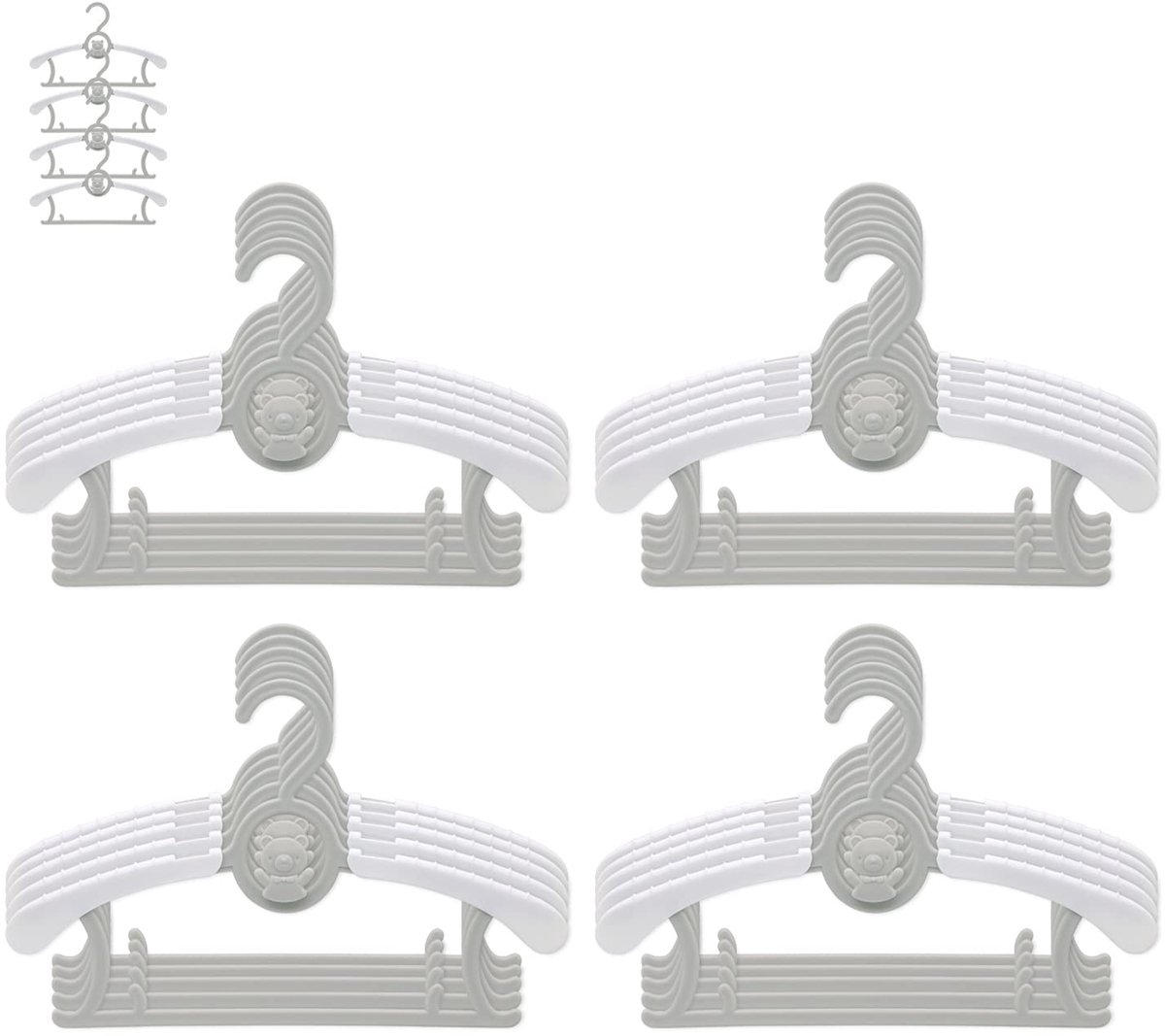 Famanu – Set van 20 kinder- en babykleerhangers, stapelbaar met antislip berenhaken, ruimtebesparende hangers voor kinderkleding in grijs en wit