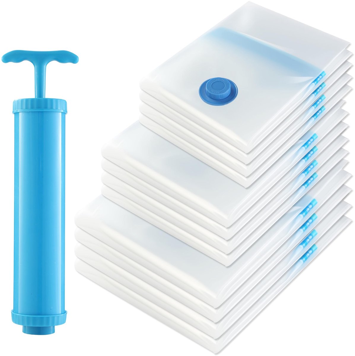 Famanu Vacuümzakken set van 12 stuks voor kleding en dekbedden, 3 maten (4x100x80 cm, 4x80x61 cm, 4x60x41 cm) met handmatige vacuümpomp, waterbestendig Transparant