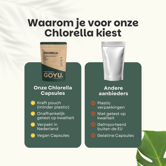 Vergelijking van GOYU Chlorella capsules met andere aanbieders. GOYU heeft een kraft zakje, andere aanbieders plastic verpakkingen.