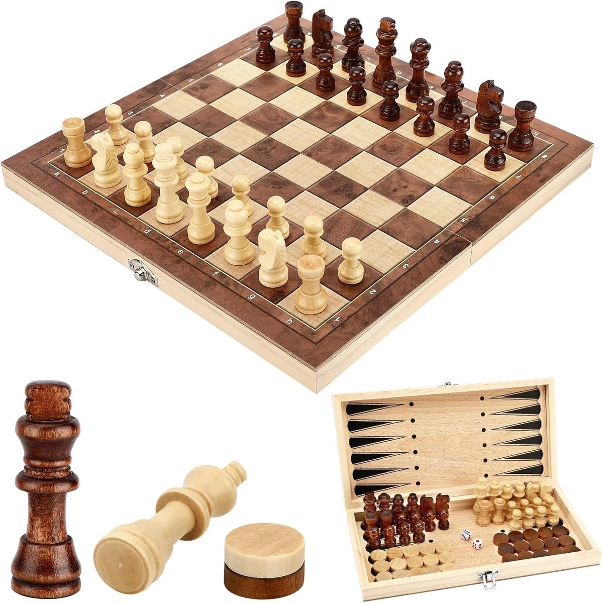 Schaakstenen - Hout - 29 x 29 x 2 cm - 3-in-1 Opvouwbaar Schaakbord met Dammen en Backgammon - Voor Kinderen en Volwassenen