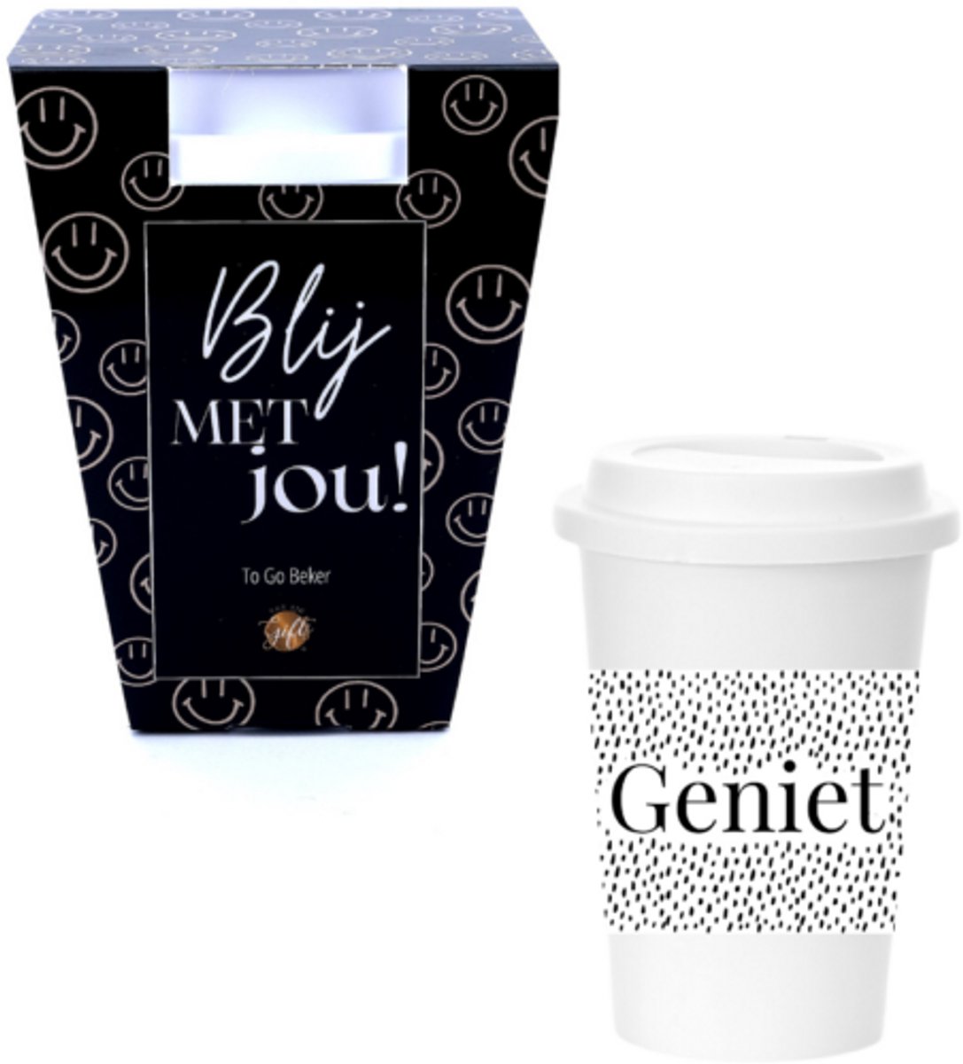 To Go Beker met Deksel – Geniet – Blijf met Jou – Herbruikbare Koffiebeker – Wit/Zwart – Cadeau