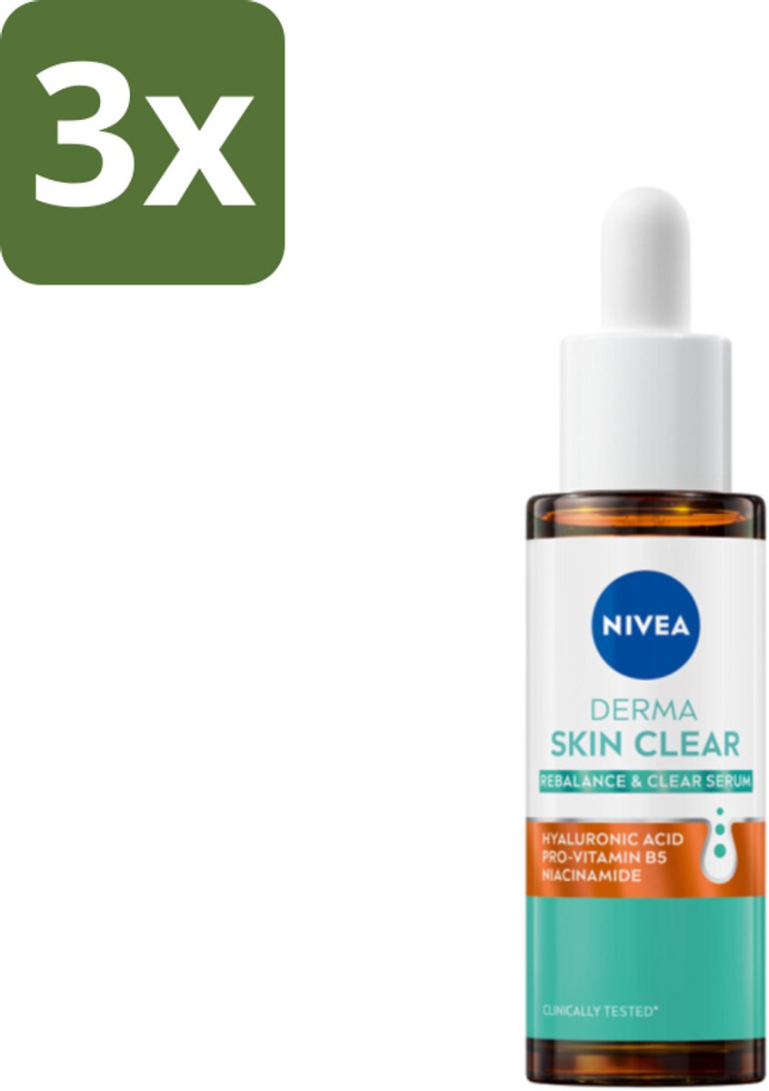 Nivea - Derma - Skin Clear Serum - Zuiverend en Kalmerend - Met Hyaluronzuur en Niacinamide - 30 ml - Bulkverpakking - 3 stuks