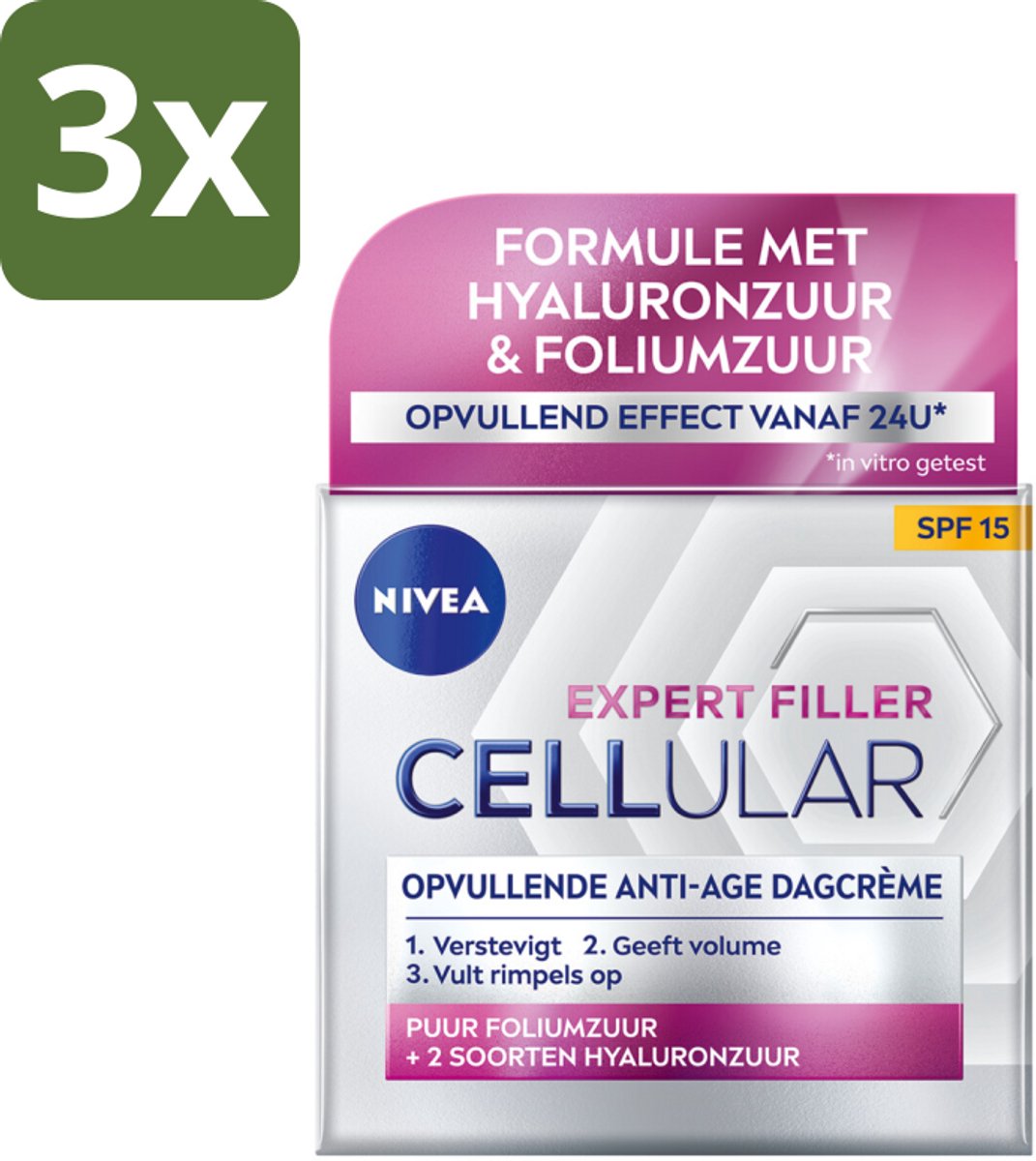 NIVEA - CELLular Expert Filler Dagcrème - Anti-Veroudering Gezichtscrème - SPF 15 - Met Hyaluronzuur, Creatine & Foliumzuur - 50 ml - Bulkverpakking - 3 stuks