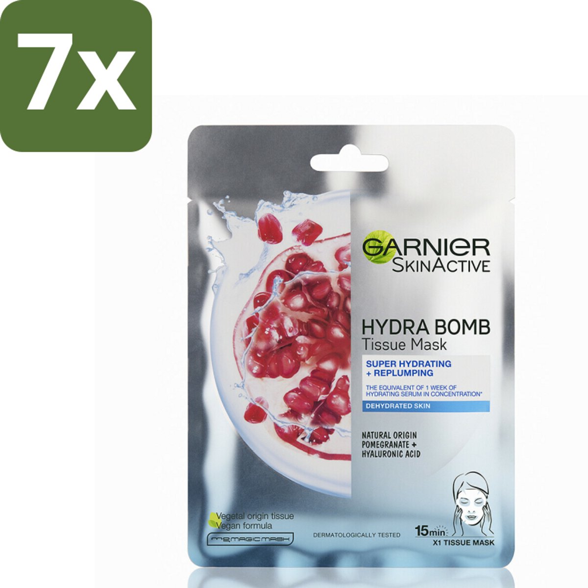 Garnier - SkinActive - Hydra Bomb Sheet Mask - Granaatappel - Gezichtsmasker - 1 Gezichtsreinigingsmiddel - Bulkverpakking - 7 stuks