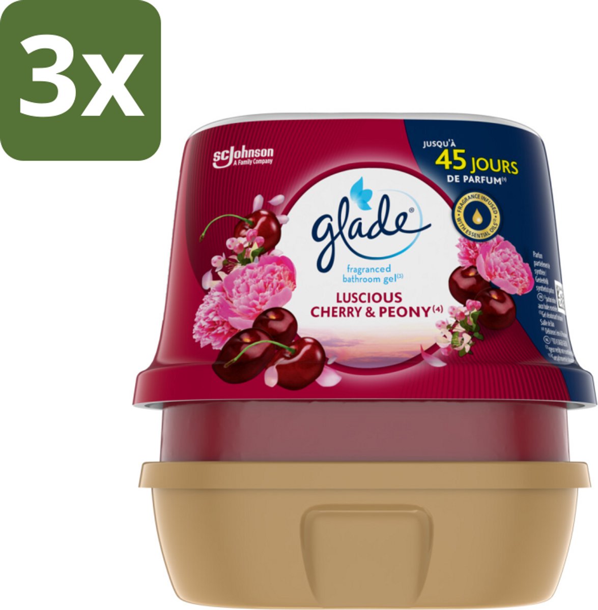 Glade - Badkamer Gel - Luscious Kers & Pioenroos - 180 g - Bulkverpakking - 3 stuks