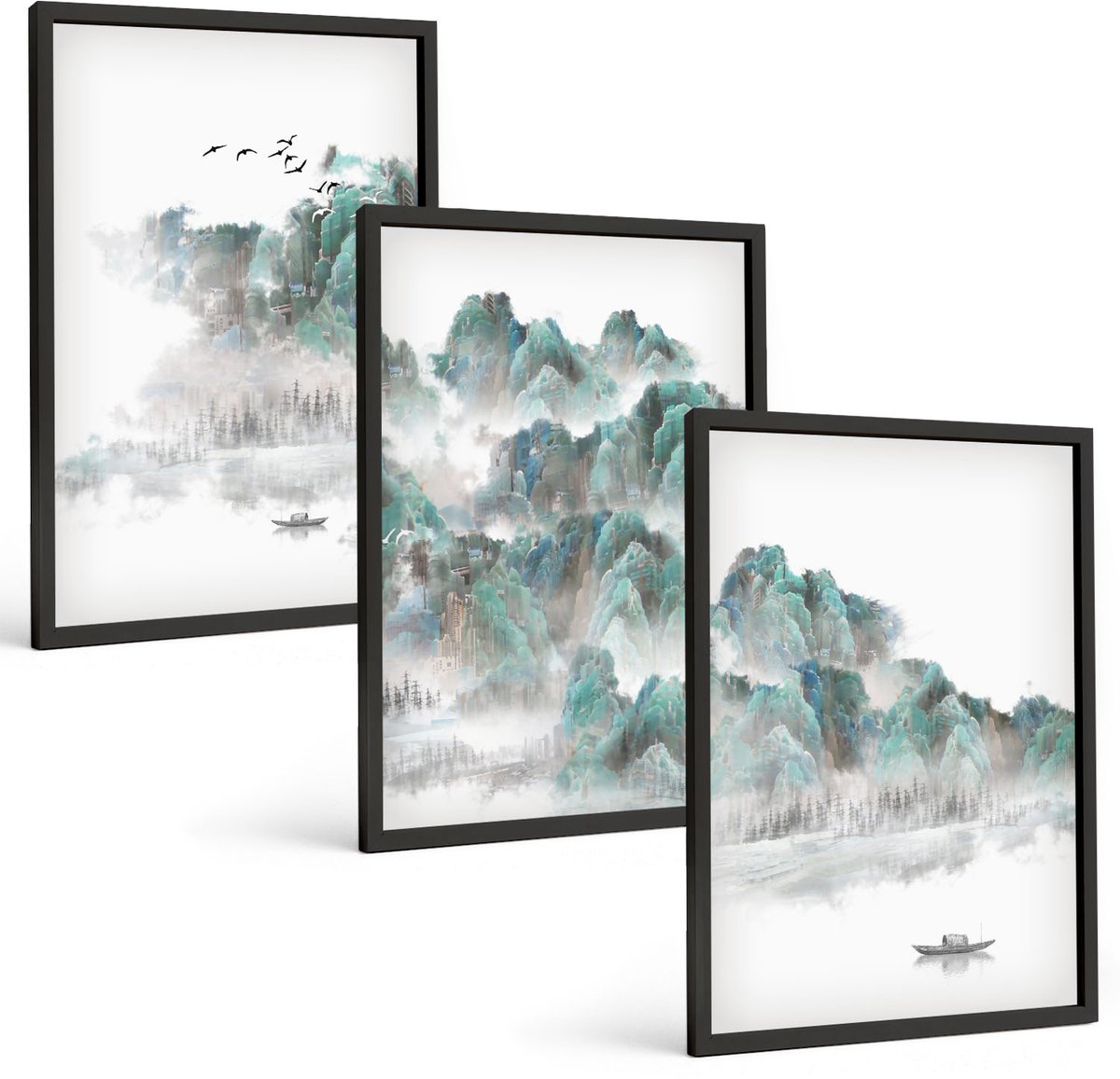 Tulup 4-Delige Schilderij Set - Bergen in de wolken met vogels en een boot op het water. Japandi - 40 x 60 cm - Moderne Wanddecoratie - Slaapkamer