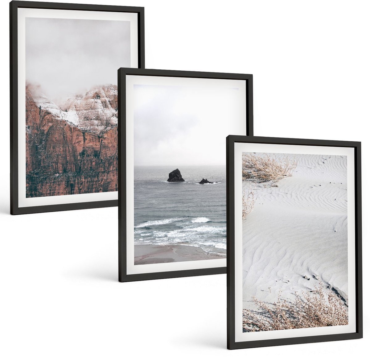 Tulup 4-Delige Schilderij Set - Bergen, wolken, zee en zand in natuurlijke tinten. - 40 x 60 cm - Muurdecoratie - Schilderijen Set - Woonkamer