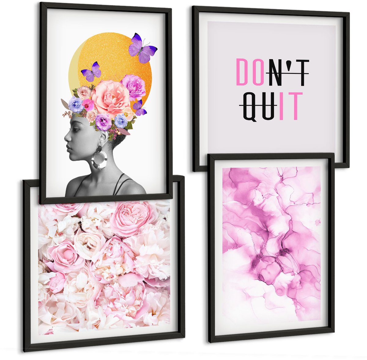 Tulup 4-Delige Schilderij Set - Inspirerende inscriptie, bloemen, abstract portret van een vrouw - 40 x 40 cm en 40 x 60 cm - Muurdecoratie - Wanddecoratie - Hal