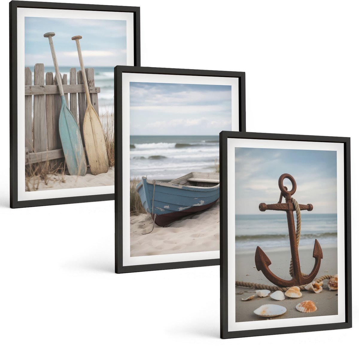 Tulup 4-Delige Schilderij Set - Strand met een roeiboot en een anker op het zand - 40 x 60 cm - Decoratieve Muurdecoratie - Slaapkamer