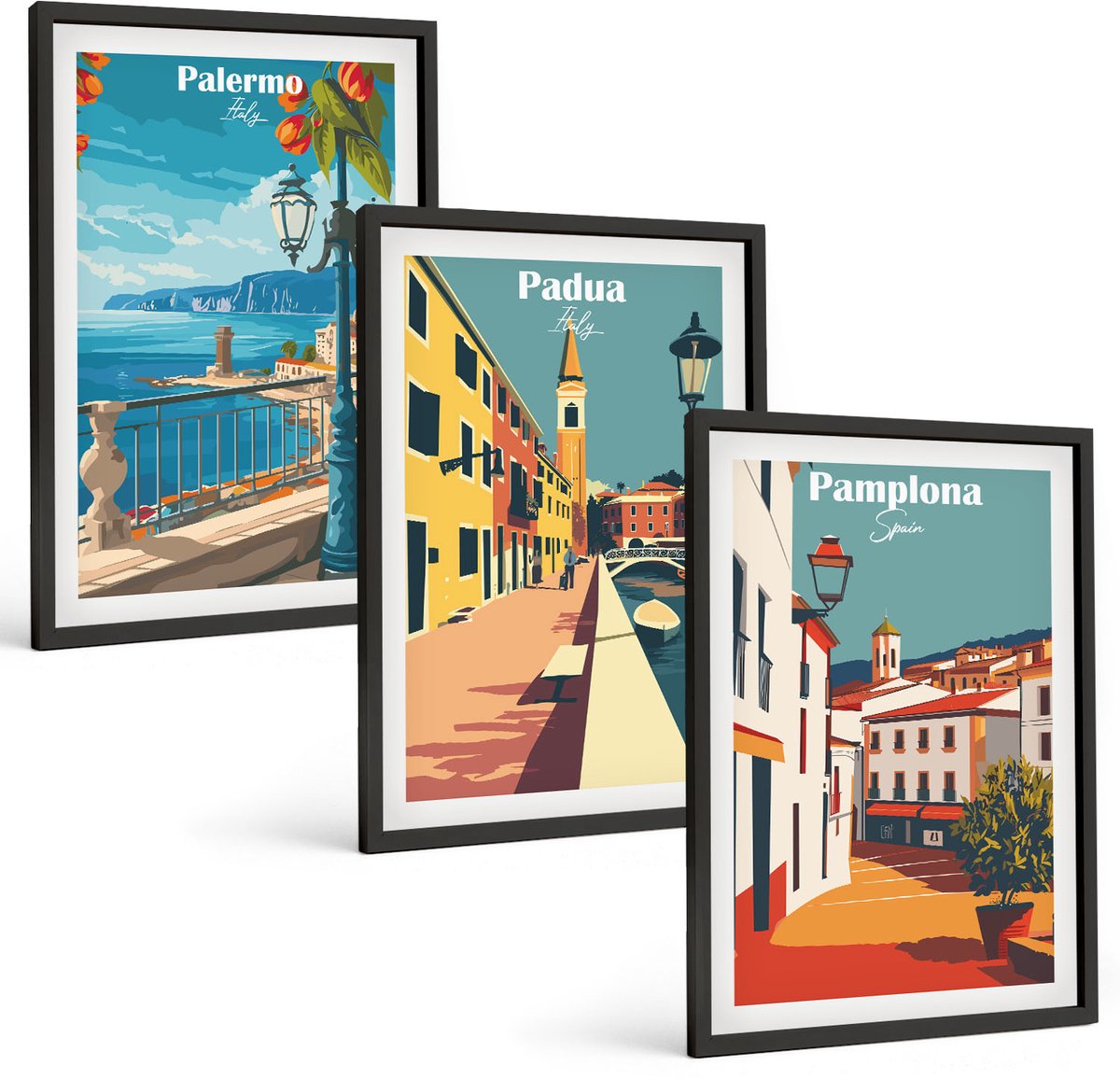 Tulup 4-Delige Schilderij Set - Populaire steden in retro illustratieve stijl - 40 x 60 cm - Schilderijen Set - Wanddecoratie - Woonkamer - Muurdecoratie