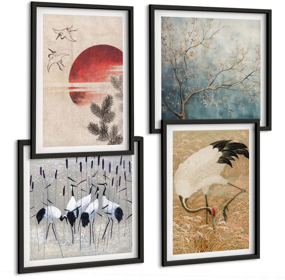Tulup 4-Delige Schilderij Set - Illustraties van Japanse kraanvogels Japandi Landschap - 40 x 40 cm en 40 x 60 cm - Decoratieve Muurdecoratie - Slaapkamer - Decoratieve Schilderijen