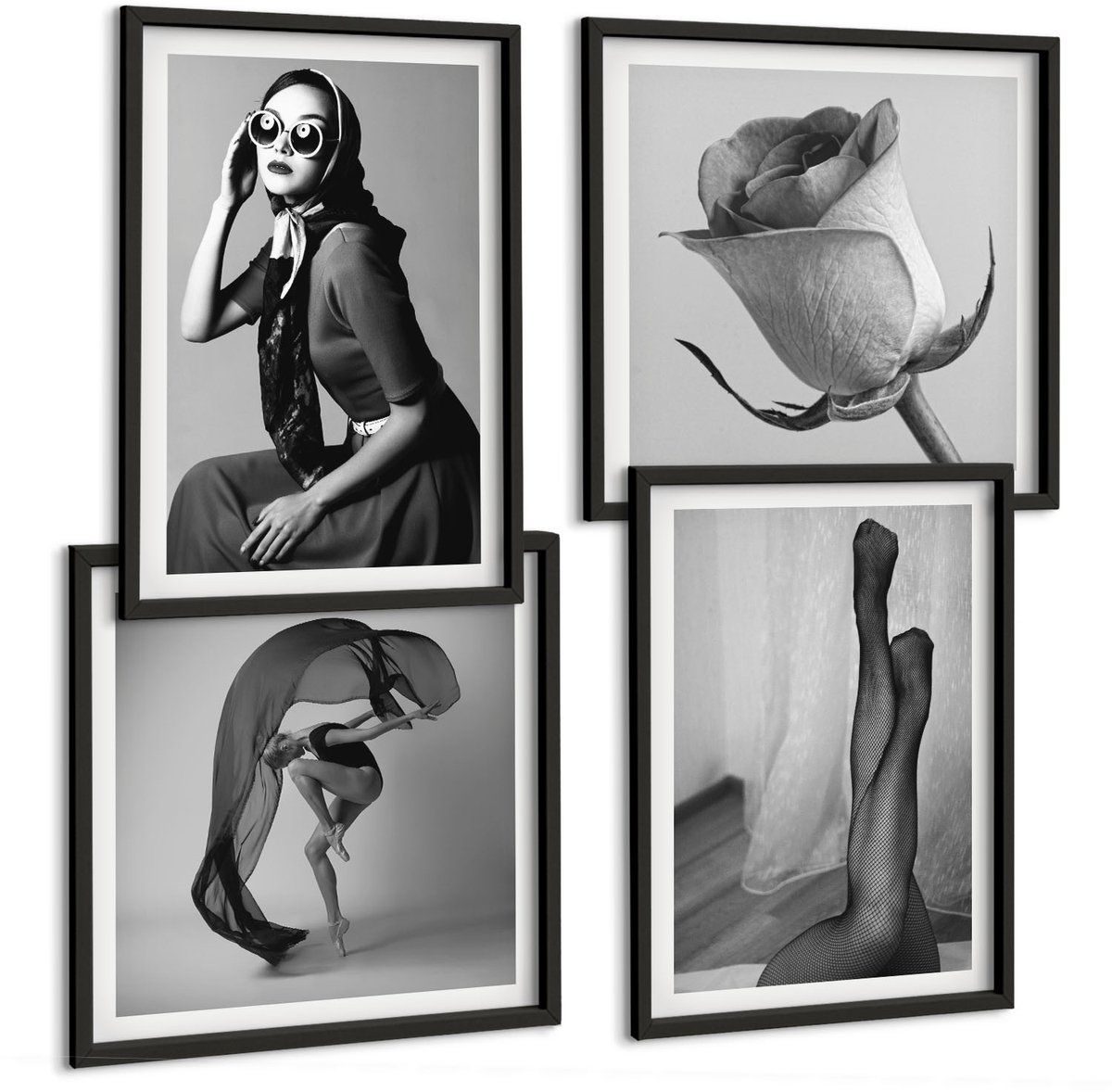 Tulup 4-Delige Schilderij Set - Stijlvolle zwart-witportretten van vrouwen in elegante poses - 40 x 40 cm en 40 x 60 cm - Wanddecoratie - Schilderijen Set - Kantoor - Decoratieve Schilderijen