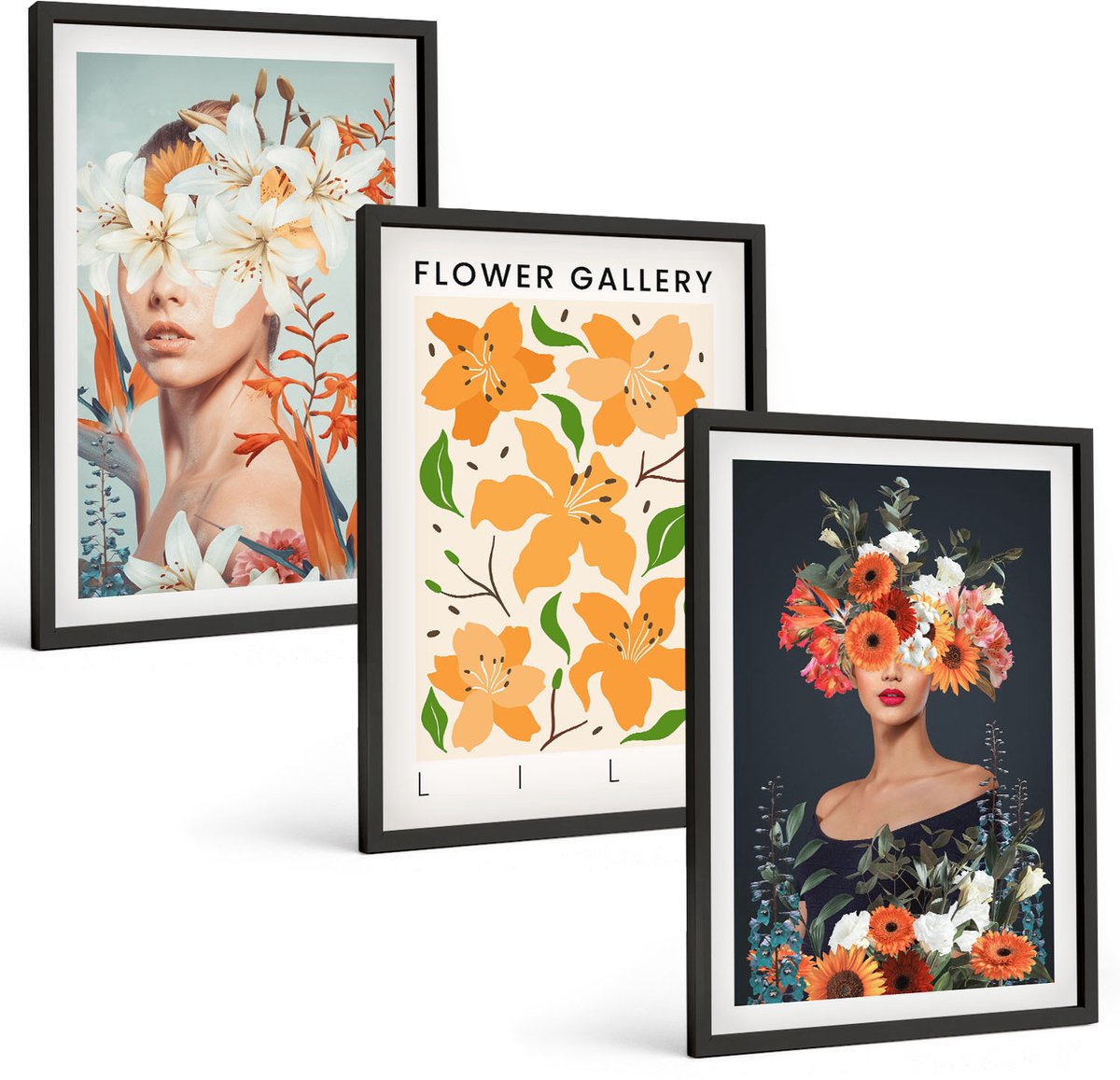 Tulup 4-Delige Schilderij Set - Bloemenportretten met kleurrijke boeketten en bladeren - 40 x 60 cm - Moderne Wanddecoratie - Slaapkamer