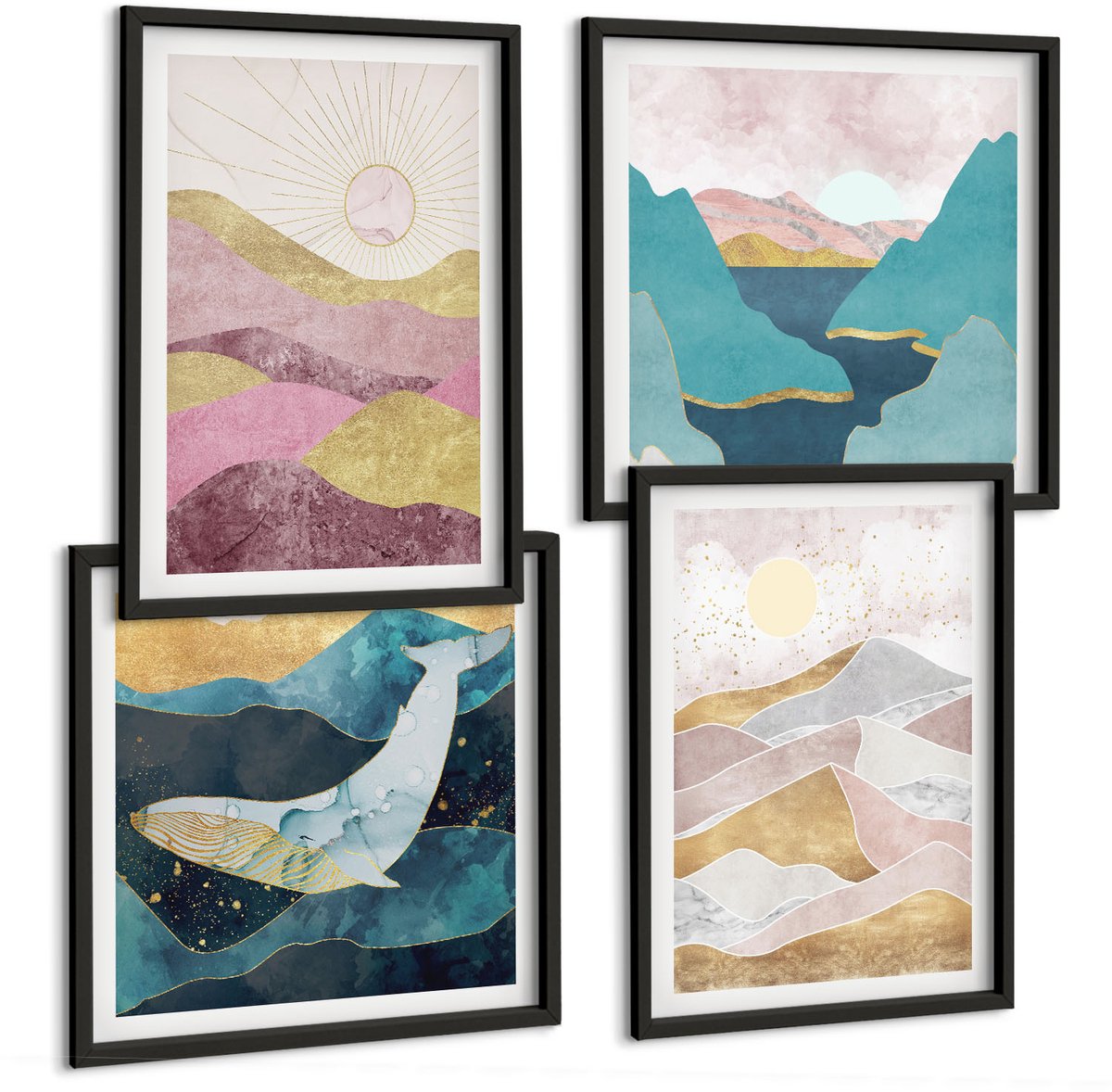 Tulup 4-Delige Schilderij Set - Abstracte landschappen met bergen en zon - 40 x 40 cm en 40 x 60 cm - Muurdecoratie - Wanddecoratie - Slaapkamer