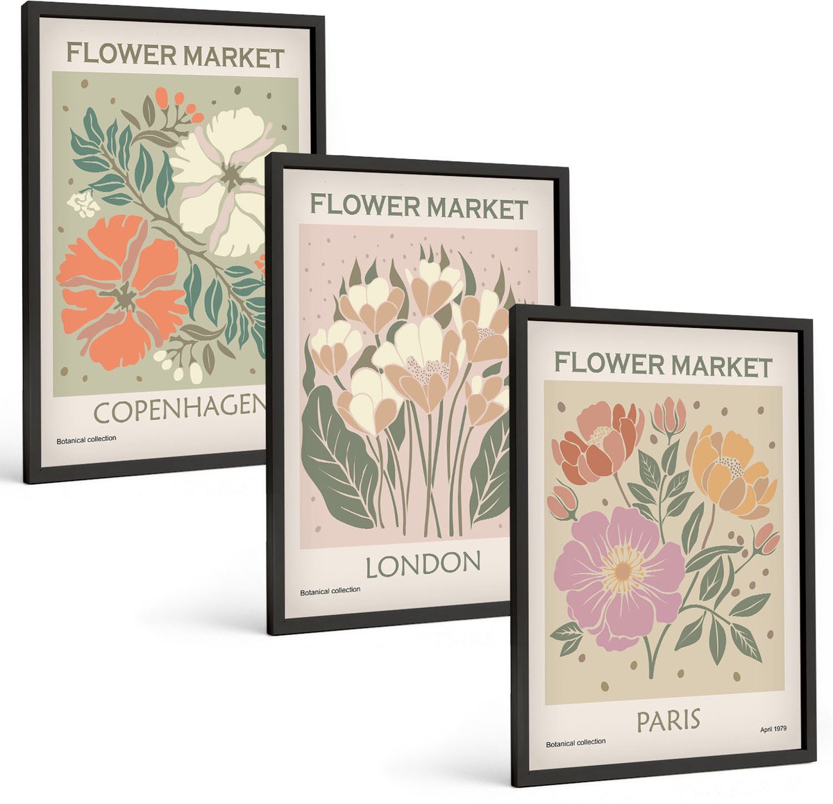 Tulup 4-Delige Schilderij Set - Bloemenposters Kopenhagen Londen Parijs - 40 x 60 cm - Wanddecoratie - Muurdecoratie - Moderne Interieurdecoratie