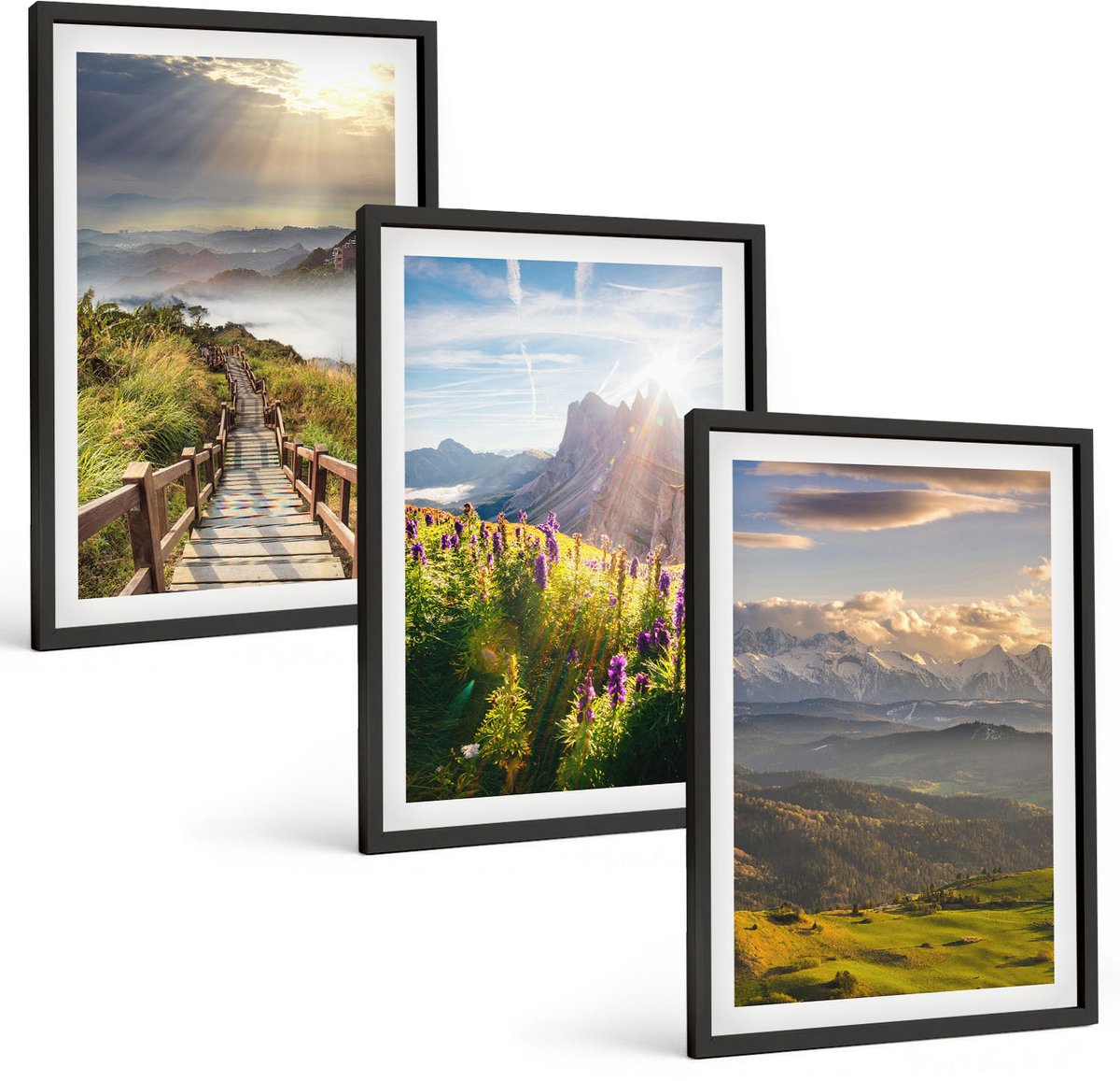 Tulup 4-Delige Schilderij Set - Berglandschappen met bloemen, lucht en pad. - 40 x 60 cm - Wanddecoratie - Muurdecoratie - Moderne Interieurdecoratie - Woonkamer Decoratie