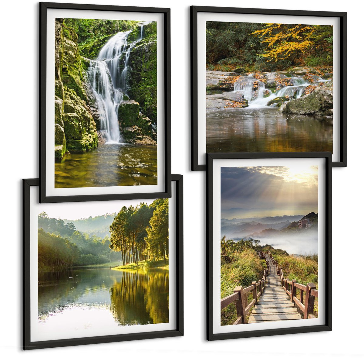 Tulup 4-Delige Schilderij Set - Watervallen, bergen, wolkenpaden en herfstgezichten - 40 x 40 cm en 40 x 60 cm - Wanddecoratie - Muurdecoratie - Moderne Interieurdecoratie - Moderne Wanddecoratie