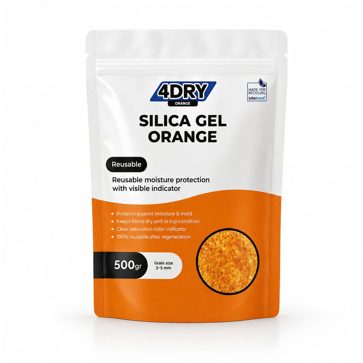 4DRY Orange Silica Gel | 500 g | Hersluitbare zak | Silica Gel voor filamenten, elektronica, luchtfiltratie etc | Oranje 3 - 5 mm | Met indicator en herbruikbaar