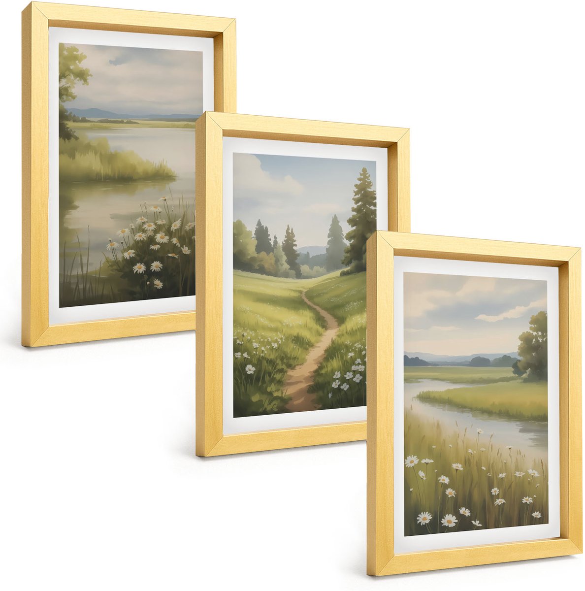 TULUP 4-Delige Schilderij Set - Lentelandschap met een rivier, pad en bloemenweide - 20 x 30 cm - Muurdecoratie - Wanddecoratie - Hal Gouden lijst