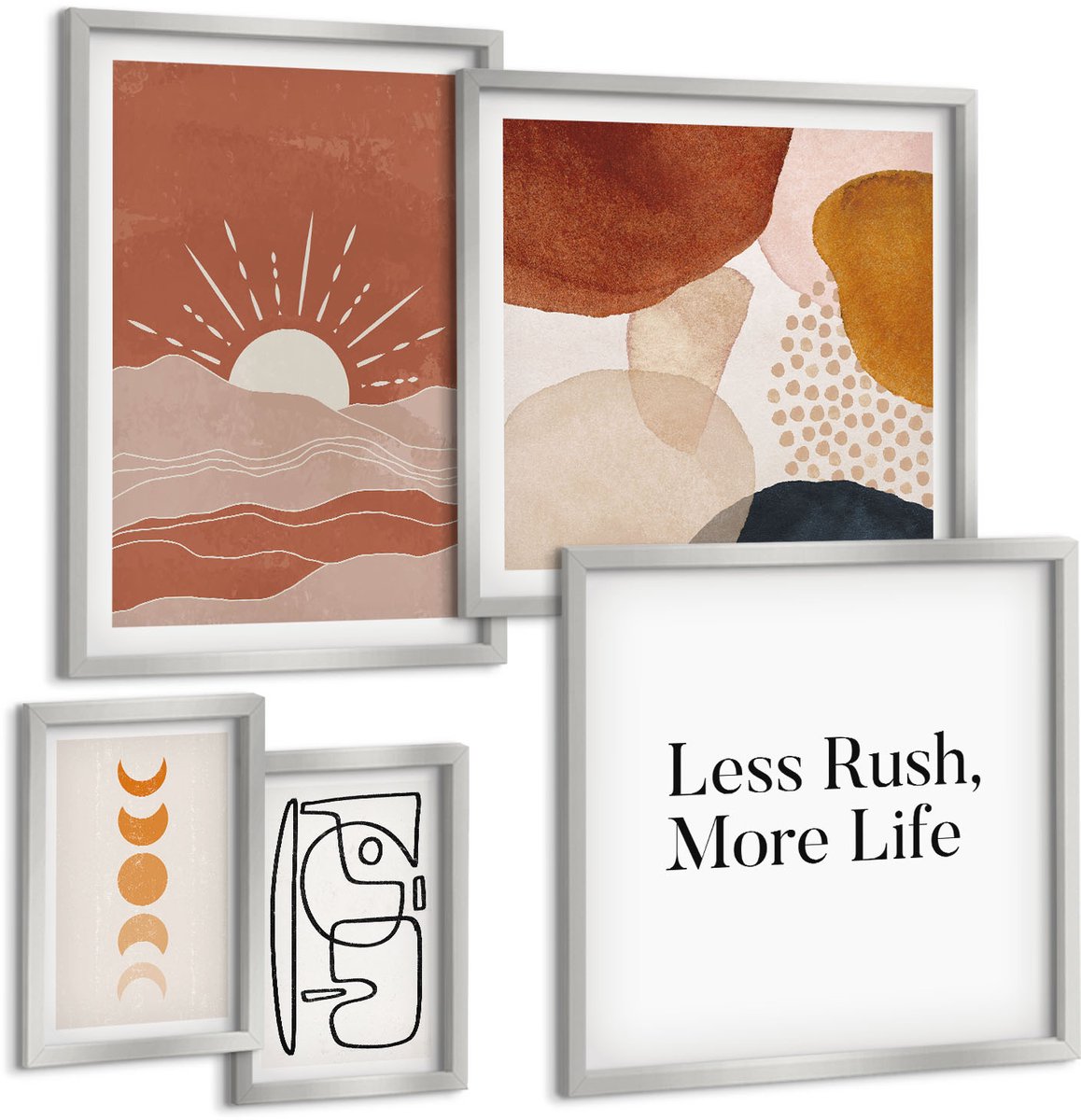TULUP 4-Delige Schilderij Set - Stijlvolle afbeeldingen met abstracte vormen en de zon. - 50 x 50 cm, 20 x 30 cm en 40 x 60 cm - Wanddecoratie - Muurdecoratie - Moderne Interieurdecoratie - Moderne Wanddecoratie Zilveren lijst