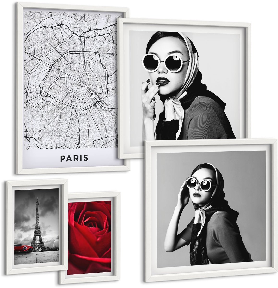 Tulup 4-Delige Schilderij Set - Stijlvolle Parijse accenten met mode en romantiek. - 50 x 50 cm, 20 x 30 cm en 40 x 60 cm - Wanddecoratie - Muurdecoratie - Woonkamer - Woonkamer Decoratie