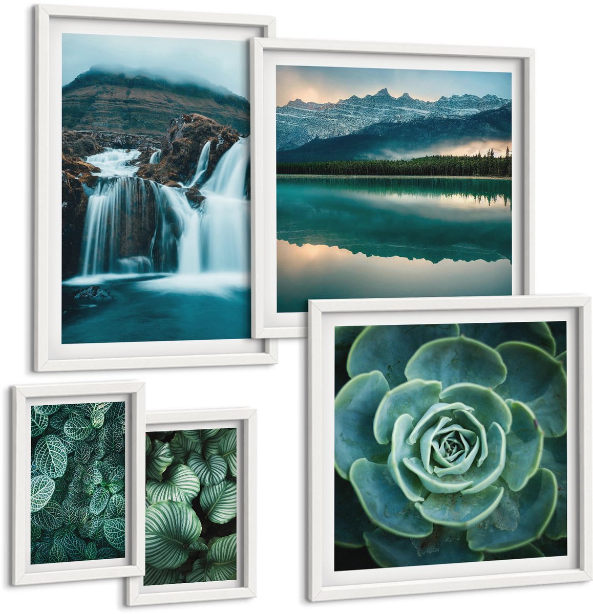 Tulup 4-Delige Schilderij Set - Groene planten en watervallen in een natuurlijke stijl - 50 x 50 cm, 20 x 30 cm en 40 x 60 cm - Muurdecoratie - Decoratieve Schilderijen - Wohnzimmer