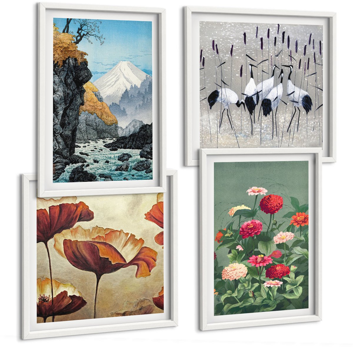 Tulup 4-Delige Schilderij Set - Bergen met een waterval, vogels in vlucht en kleurrijke bloemen - 40x40 en 40x60 - Stijlvolle Muurdecoratie - Slaapkamer
