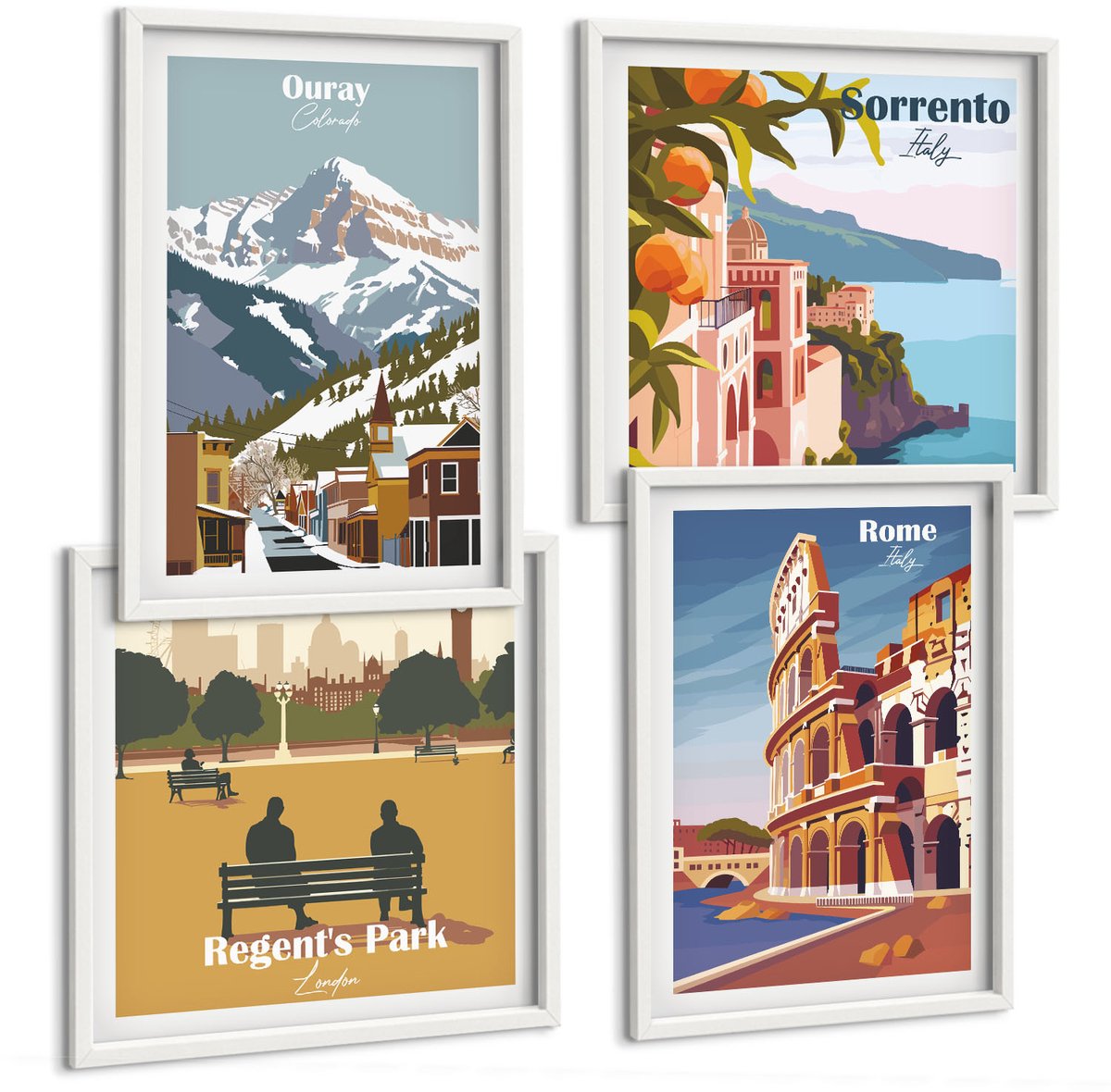 Tulup 4-Delige Schilderij Set - Retro-illustraties van beroemde regio's over de hele wereld - 40x40 en 40x60 - Moderne Wanddecoratie - Slaapkamer - Decoratieve Schilderijen