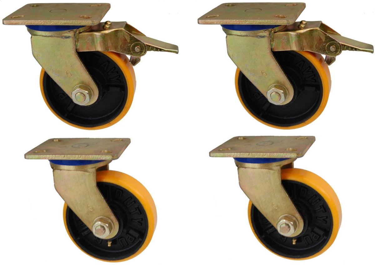 Set zwenkrollen gietijzer polyurethaan 150mm, 2500kg belastbaar