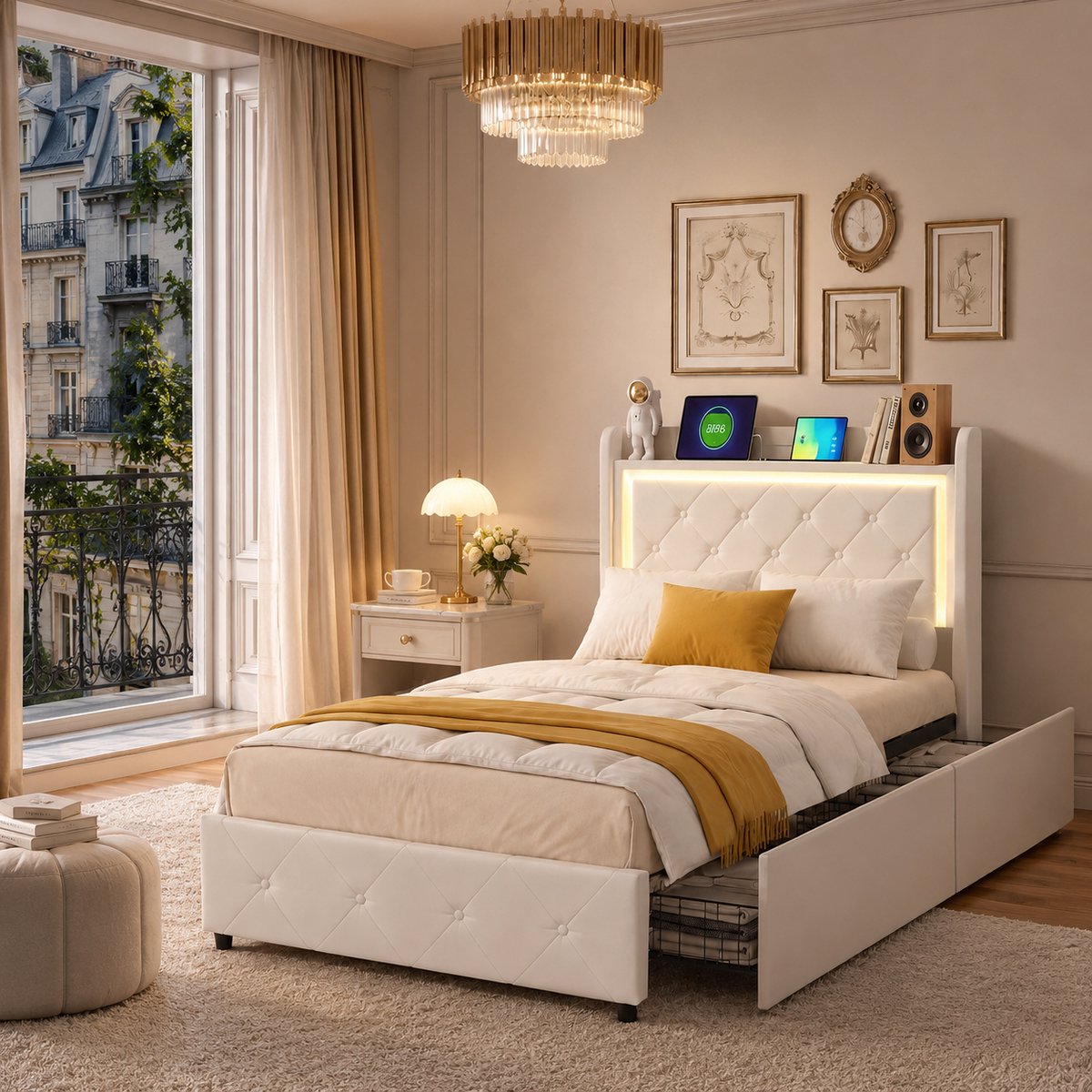 MEXUS Opbergbed 90x200 cm, gestoffeerd bed met ledverlichting en USB-poort, eenpersoonsbed met twee lades, hoofdbord met opbergruimte, bedframe met stroken, fluweel, Beige